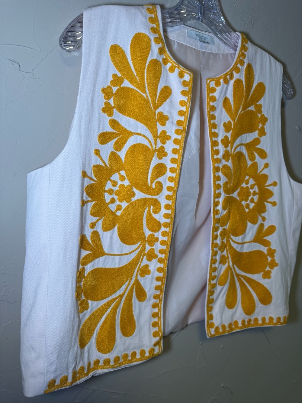 Veveret Boho Embroidered Vest L Cream Yellow Floral Open Front Festival Cottage - Picture 7 of 12